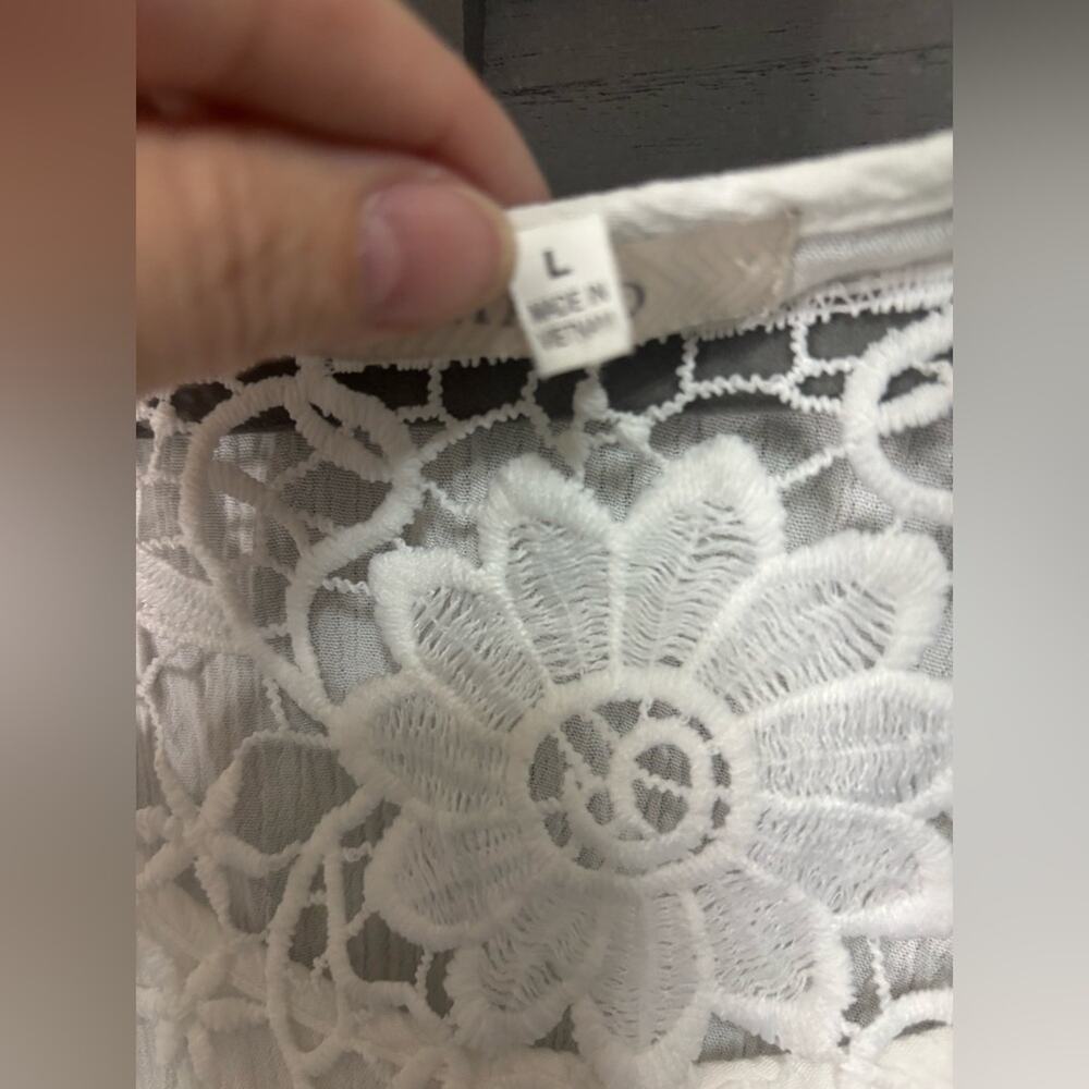 HALO White Boho Lace Gauze Top Size L Crochet Trim Festival Beach Blouse - Picture 6 of 15
